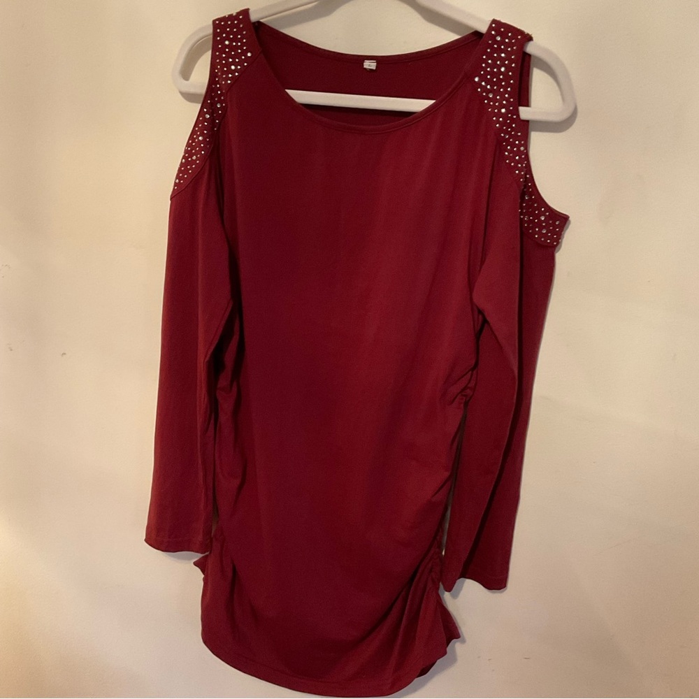 Cold Shoulder Rhinestones Tunic Dress Deep Wine size L